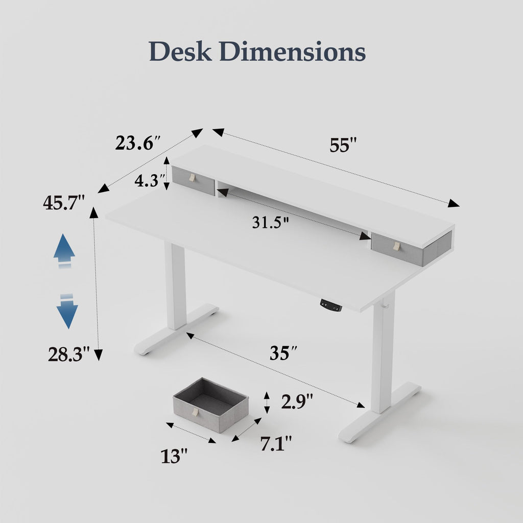 55 x24 Inch Electric Standing Desk with Drawers, Adjustable Height Small Sit Stand Desk, Compact Computer