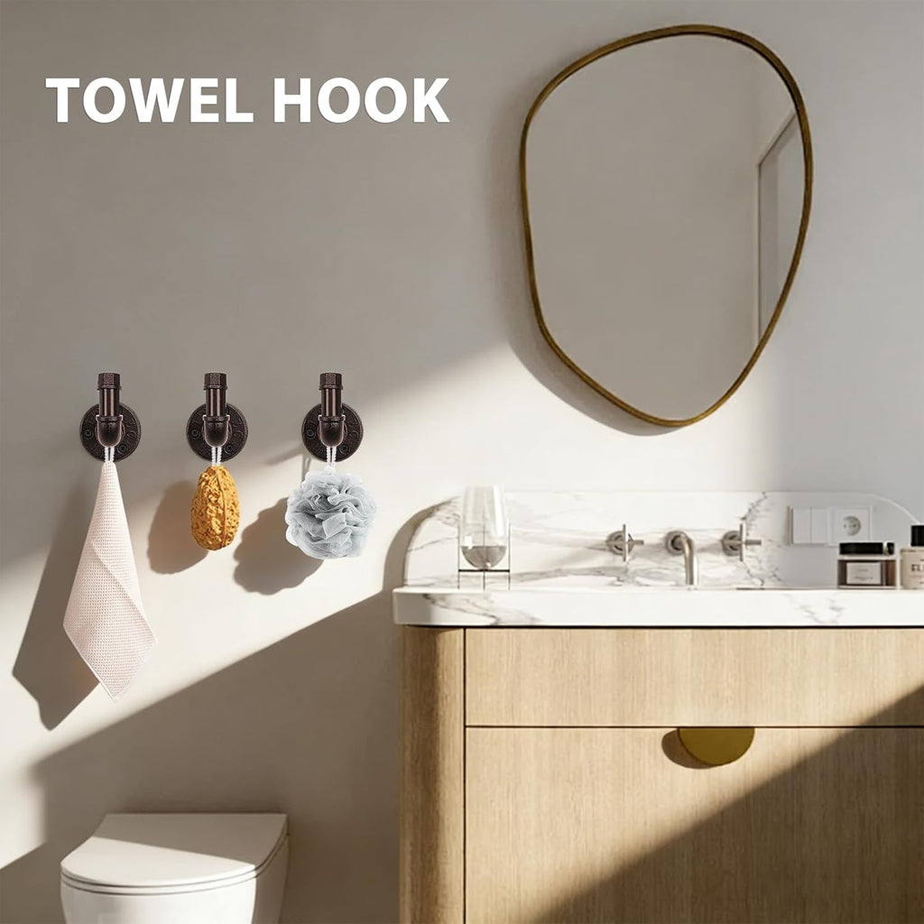 5-Pieces Industrial Pipe Bathroom Hardware Set, Include Towel Bar, Toilet Paper Holder and 3 Robe Hooks, Heavy Duty