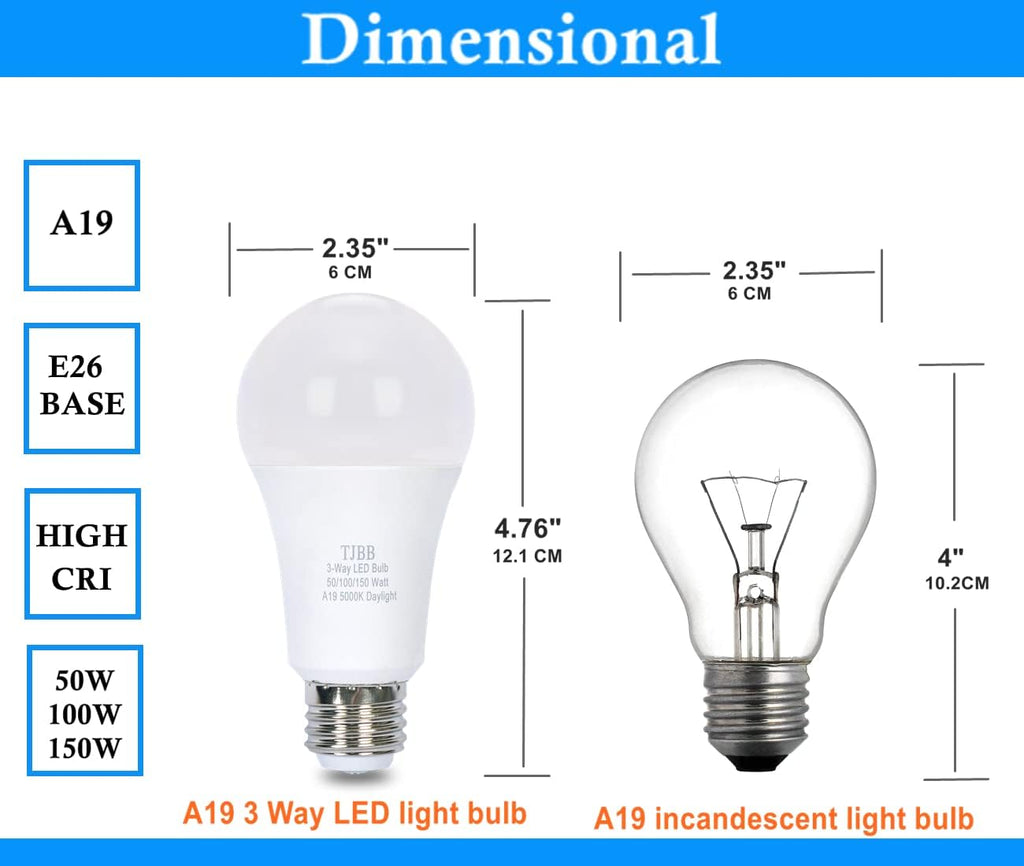 6 Pack 3-Way LED Bulb 50/100/150W, Daylight 5000K E26 A19, 700/1400/2100LM