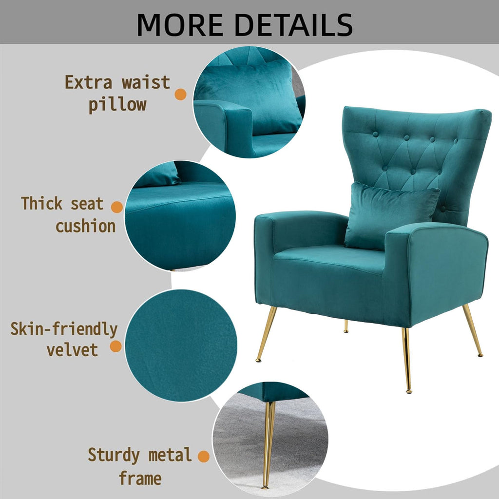 Button-Tufted Velvet Accent Chairs Set of 2, Mid Century Modern Living Room Chair with High Wingback, Upholstered Arm