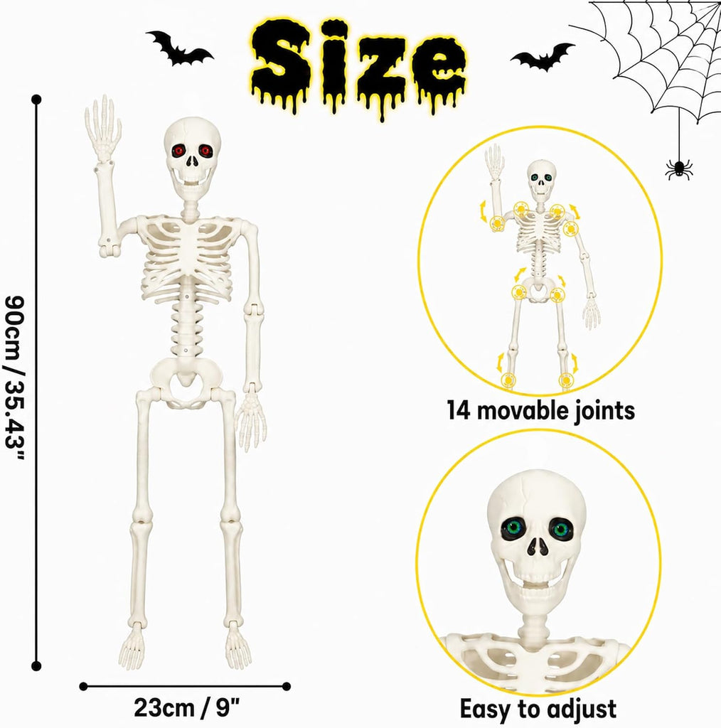 Halloween Skeleton Decorations - 2 Pack 3FT Poseable Skeletons with Eyes, Movable Joints & Jaw Scary Scenes, Yard - Set of 2