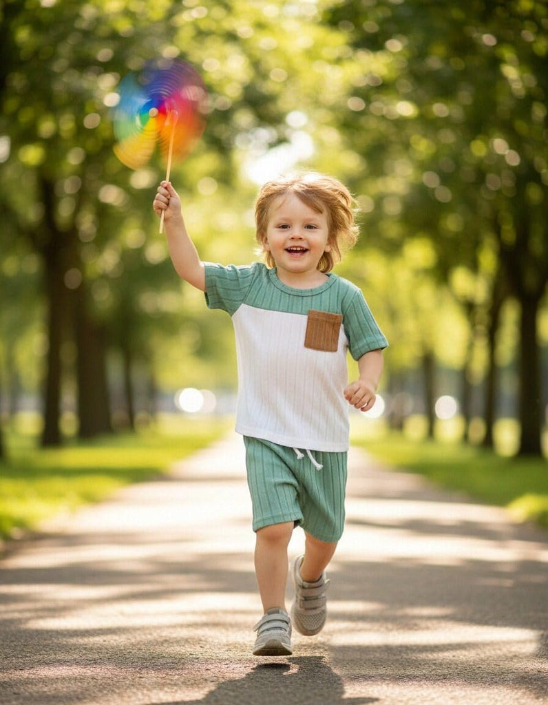 Toddler Boy Clothes Boys Clothes Summer Essentials Outfits Round Neck Light Green Short Sleeve Pocket