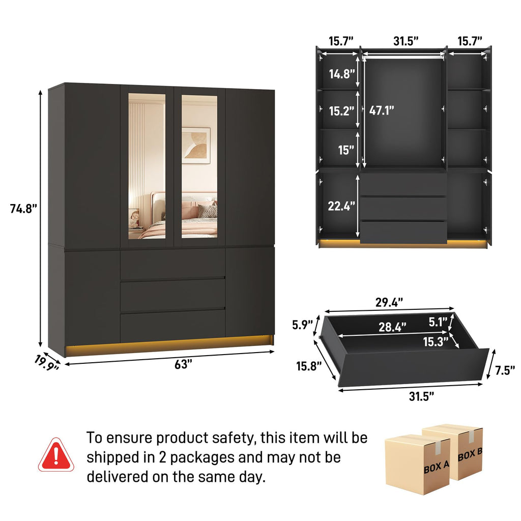 4 Doors Armoire Wooden Wardrobe Closet with 3 Drawers & 2 Mirror, 75"H Clothing Storage Cabinet with Hanging