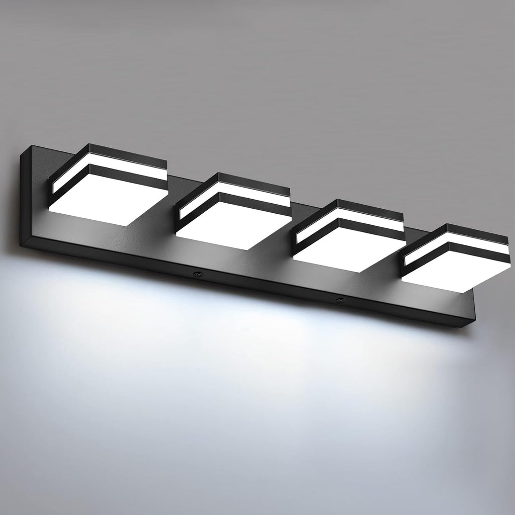 LED Modern Bathroom Lights Fixtures(4-Light,Dimmable,360°Rotate),Matte Black Acrylic Wall Lighting,Vanity Lights Over
