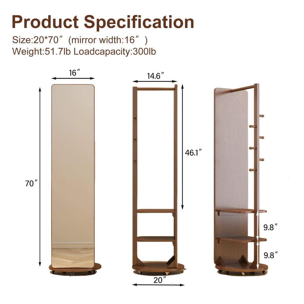 Solid Wood Full Length Mirror Coat Rack, 70" x 20" Oversize Standing Mirror Full Length with Brake Wheels, Floor