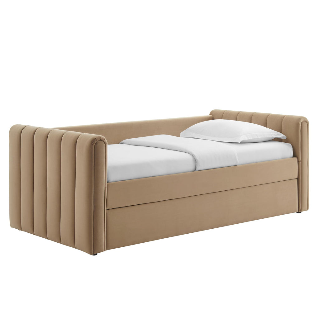 Veyla Twin Size Performance Velvet Daybed in Taupe with Trundle - Channel Tufted Upholstered Sofa Bed with Wood Slat