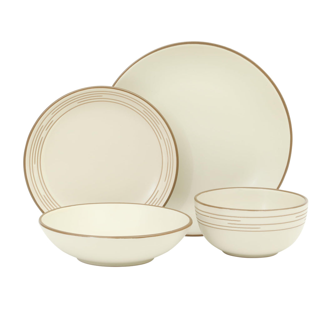 Chiswick House 16-Piece Stoneware Dinnerware Set, Round Plates and Bowls Set for 4, White with Wax Relief Embossed