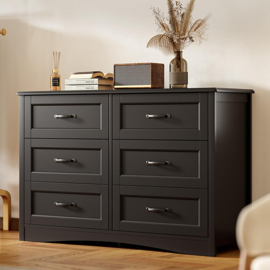 6 Drawer Dresser ,47'' Larger Chest of Drawers with Mental Handle for Kids Room, Black Dresser with 6 Storage Drawers