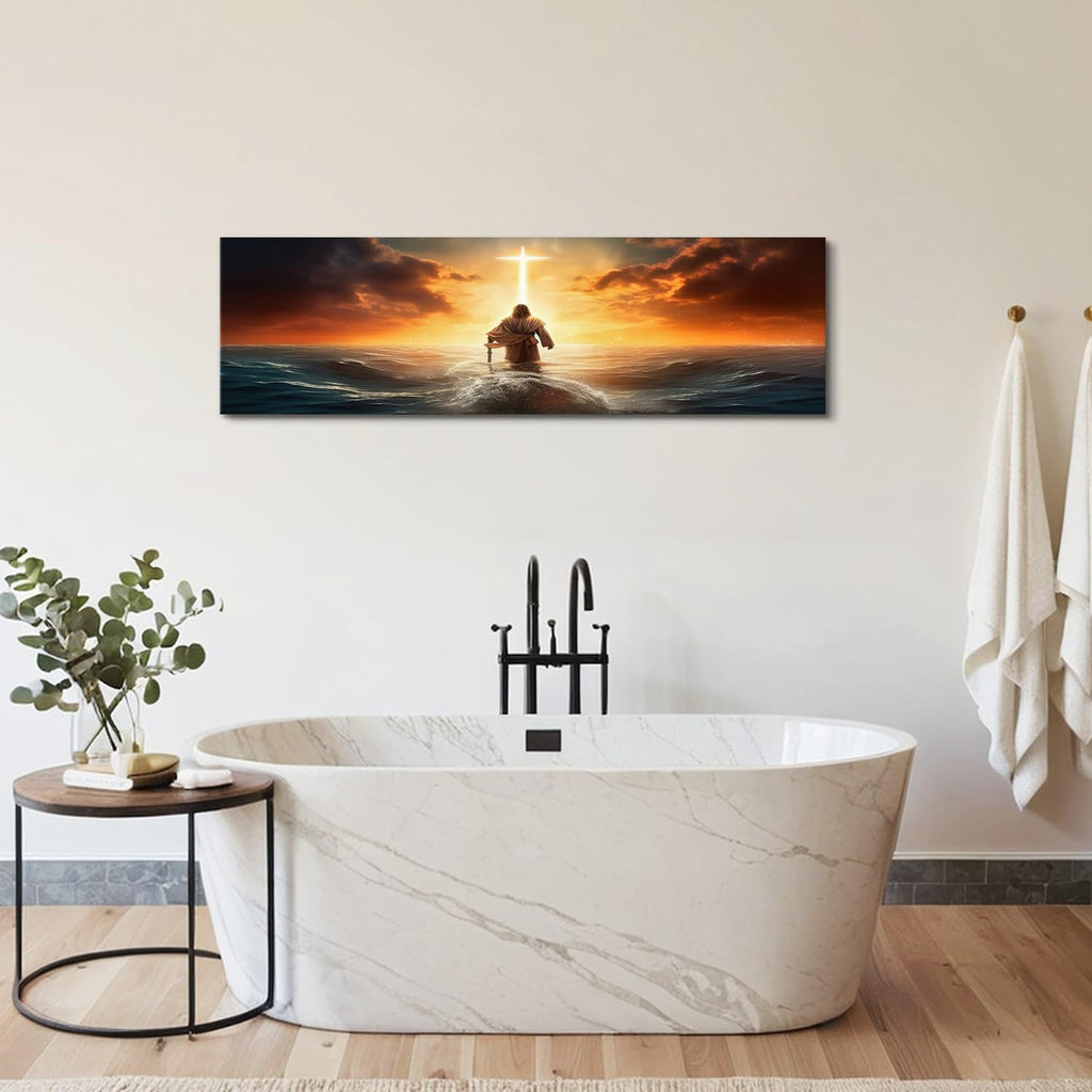 Christian Bible Canvas Wall Art Above Bed, Jesus Walking on Water Picture Wall Decor Sunrise Ocean Sea Cross Painting