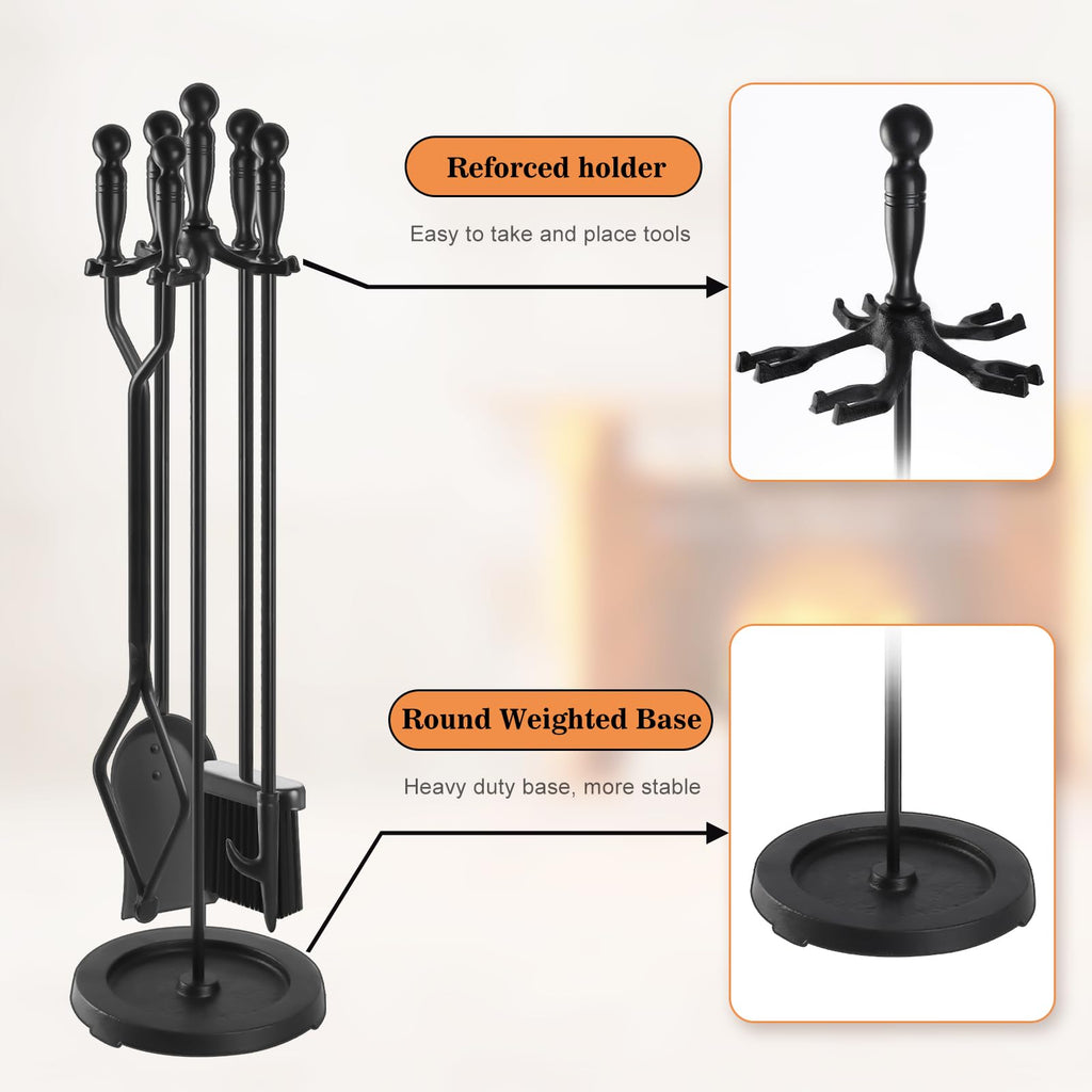 Fireplace Tools Set 5 Pcs 30.5 Inch Black Wrought Iron Large Fire Place Tool Set Indoor/Outdoor Include Poker