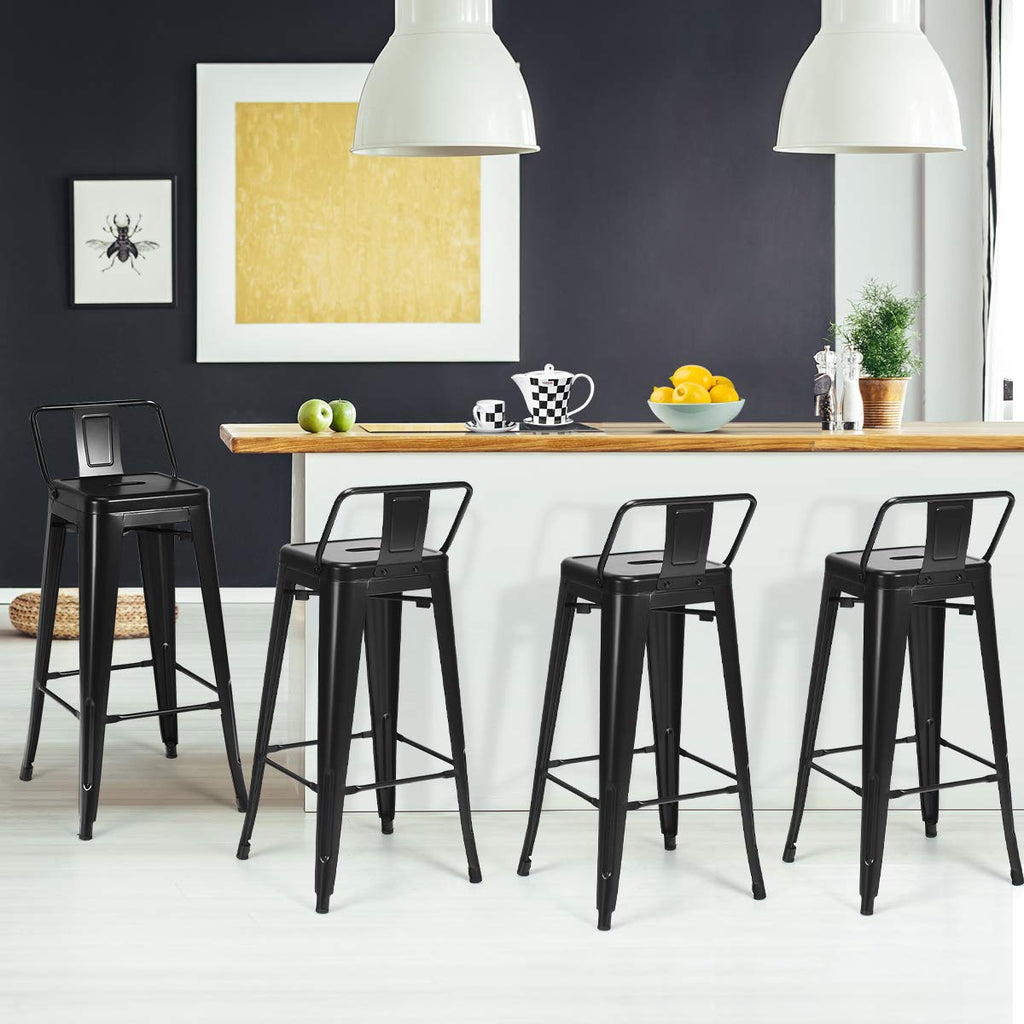 30 Inch Stackable Metal Bar Stools Set of 4 with Low Backs, Black