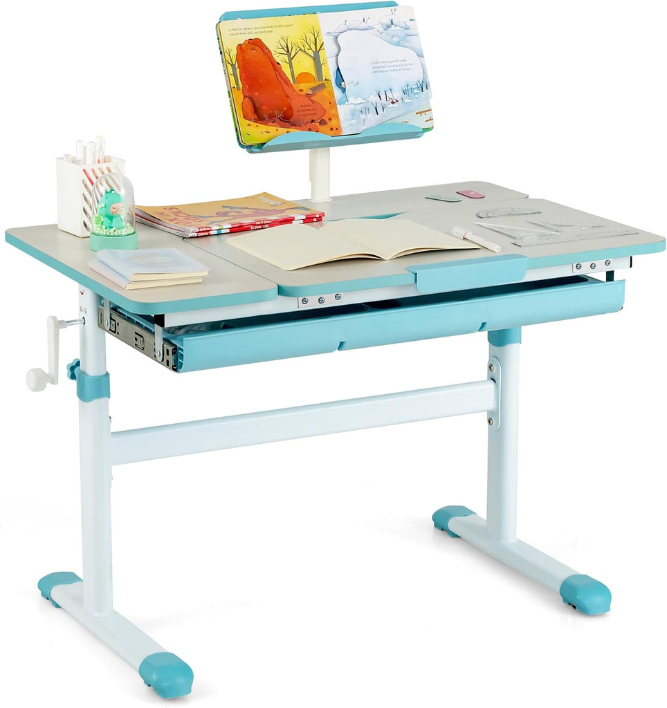 Kids Desk, Height Adjustable Children Study Table with Tiltable Desktop, Storage Drawer, Scale Ruler, Student