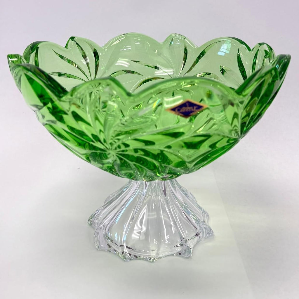 11.25-Inch Bohemian Crystal Footed Fruit Bowl FLORA, Gift Platter, Crystal, Deep Plate, Green