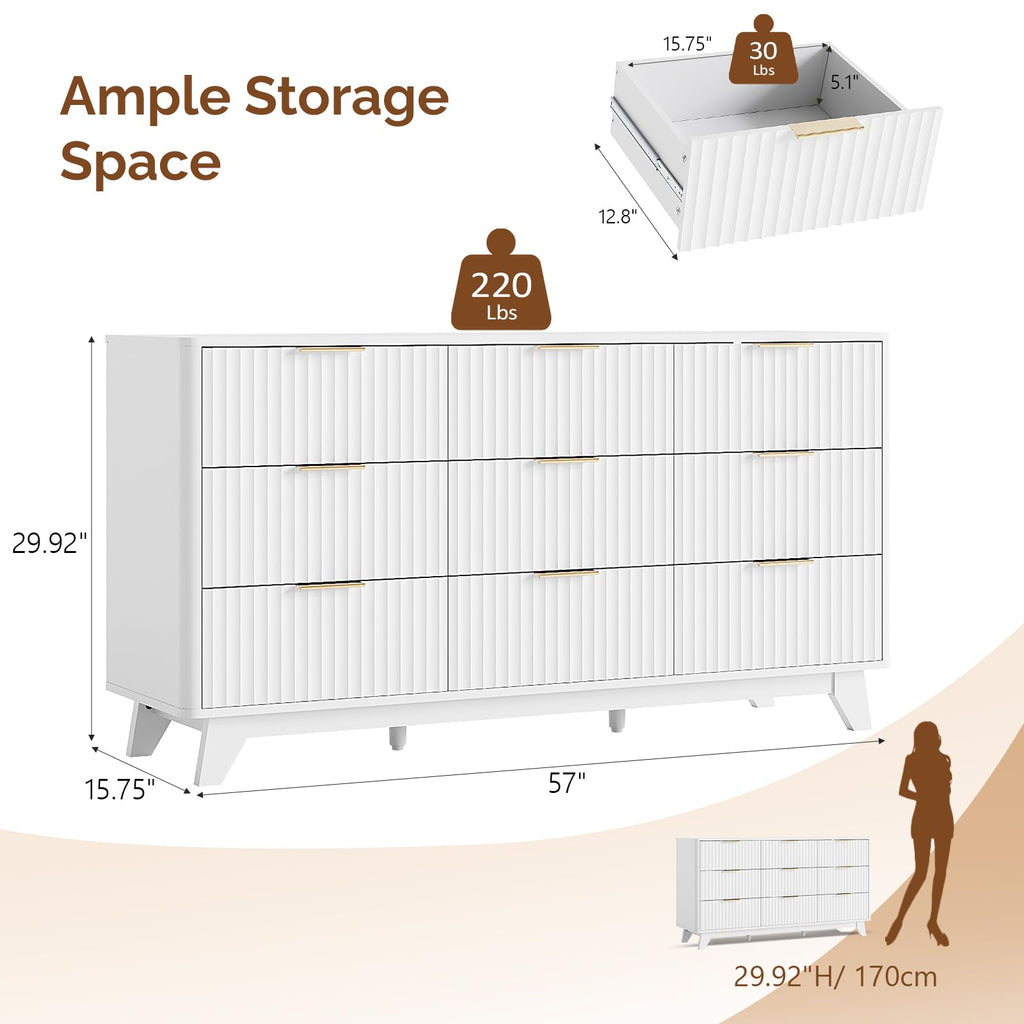 9 Drawer Dresser White Fluted Dresser with Rounded Edges, 57" Long Wood Dressers White and Gold, 57" W*15.75"