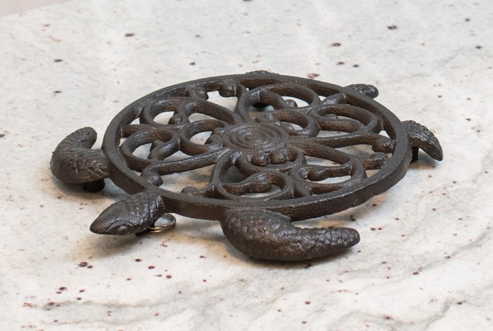 Cast Iron Trivet for Hot Dishes, Pots, and Pans, Metal Trivet, Sea Turtle Design, Rubber Feet Caps, Ring Hanger, 8.25
