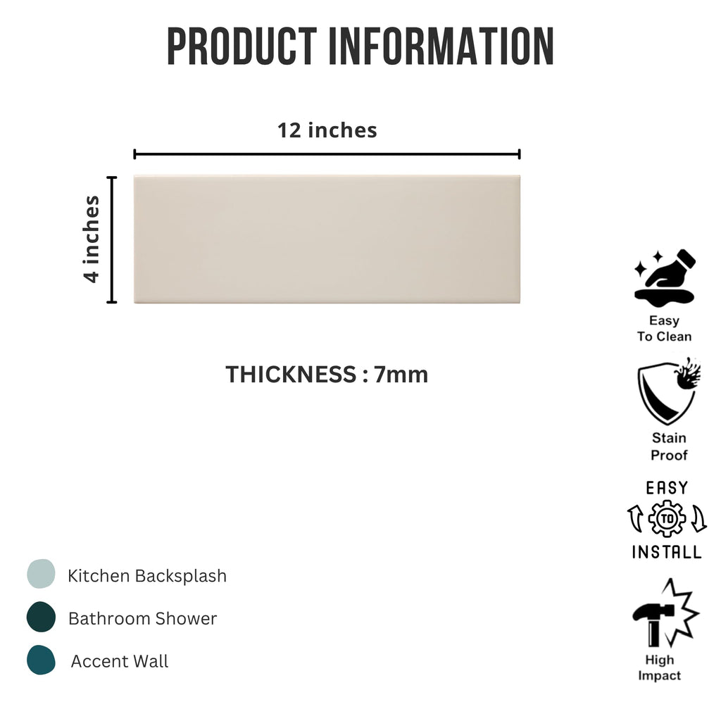 Ivory Matte Ceramic Subway Tile 4x12 in Backsplash Bathroom Wall Shower Fireplace Accent Modern Interior Smooth
