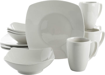 Amelia Court Porcelain Chip and Scratch Resistant Dinnerware set, Service for 4 (12pcs), White (Soft Square)