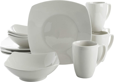 Amelia Court Porcelain Chip and Scratch Resistant Dinnerware set, Service for 4 (12pcs), White (Soft Square)