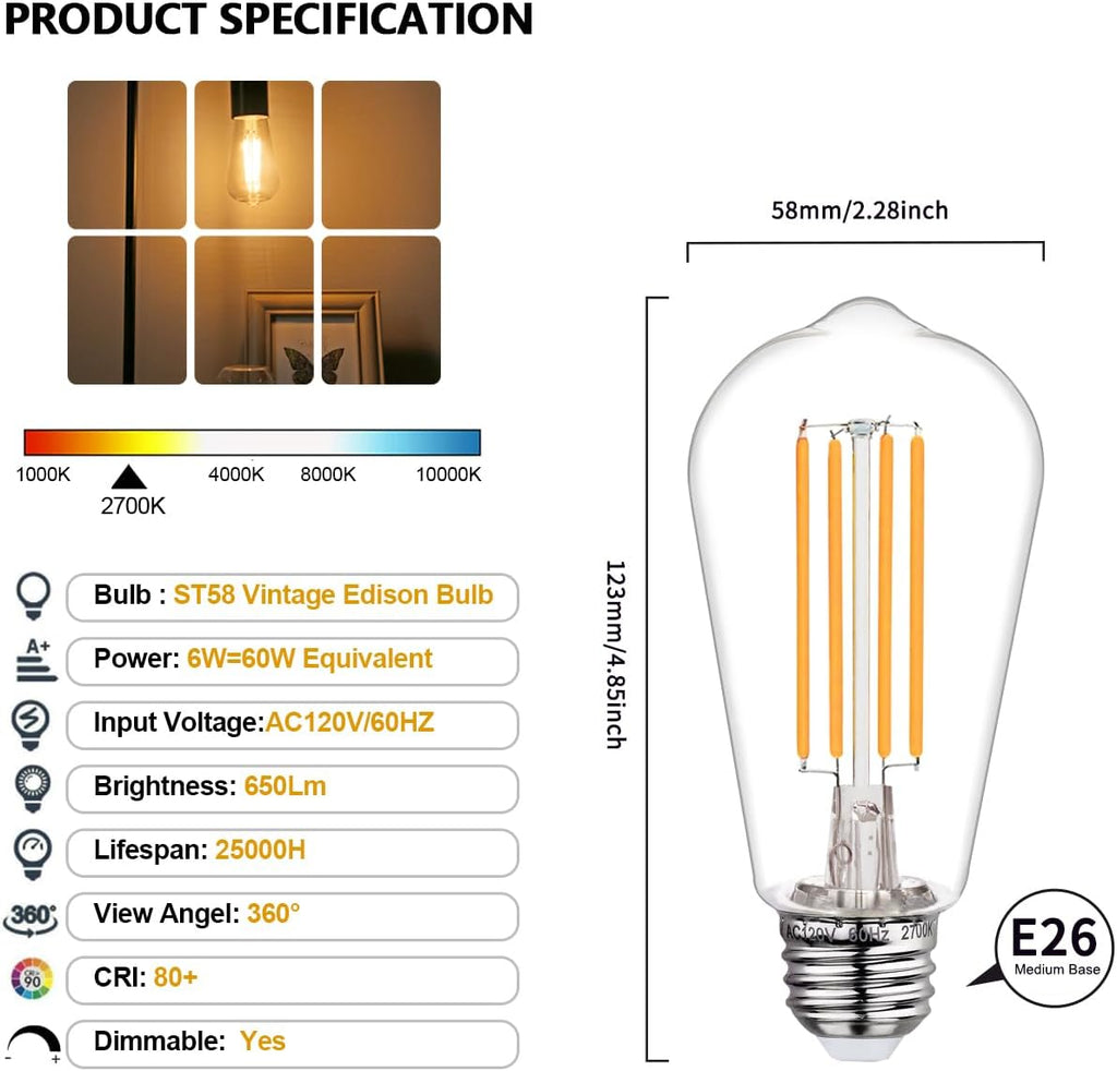 4Pack ST58/ST19 Vintage LED Edison Bulbs, Warm White 2700K, 6W Equivalent 60W LED Filament Light Bulbs, Dimmable