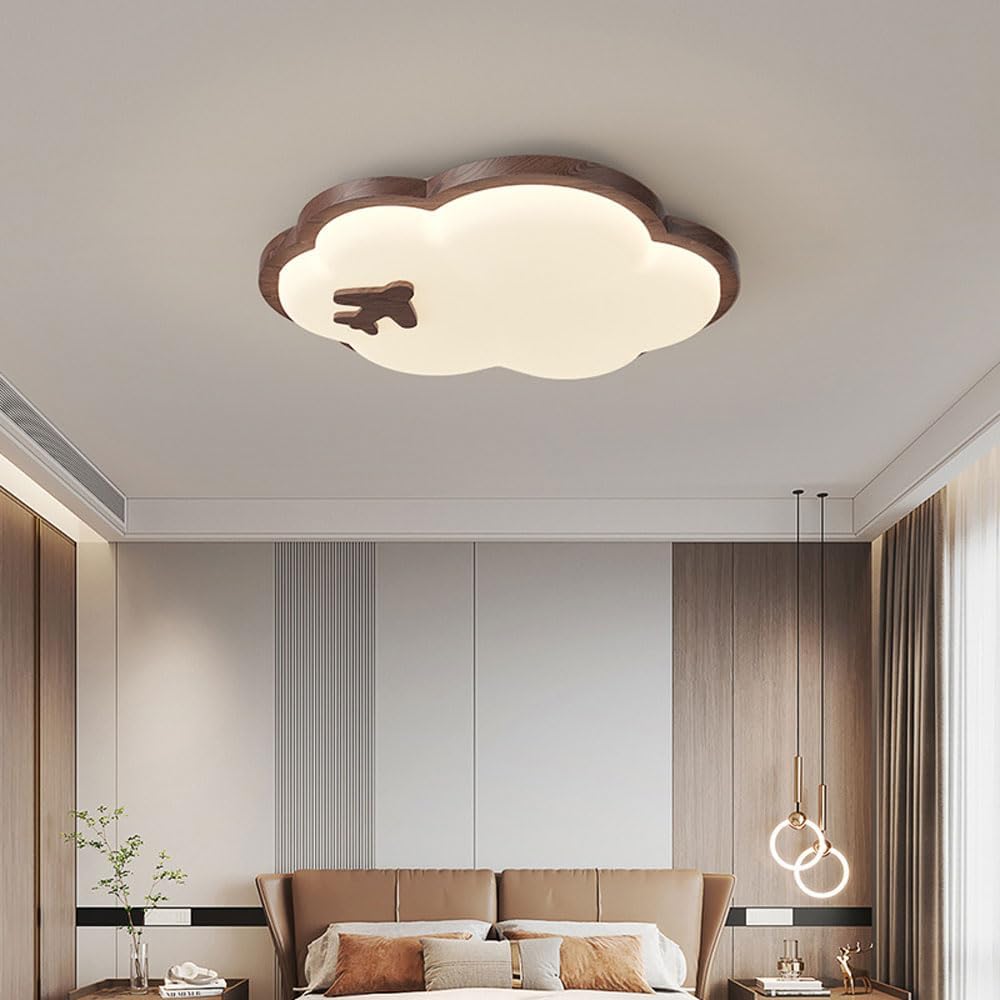Nordic Walnut Color Cloud Kids Flush Mount Ceiling Light Fixture Modern Minimalist Bedroom Wood Close to Ceiling Lamp