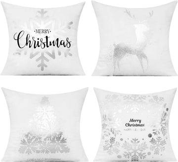 White Silver Christmas Throw Pillow Covers Cases 16X16 Winter Xmas Navidad Decorations Indoor Home Holiday - Set of 4