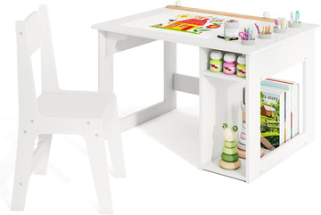 White Kids Table and Chair Set, Wooden Arts and Crafts Activity Table w/Paper Roller, 4 Paint Cups & Storage Shelves