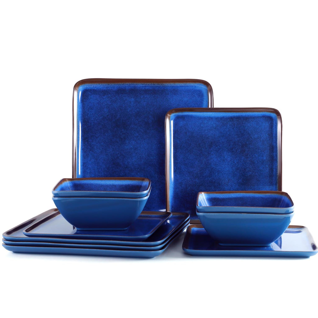 Melamine Dinnerware Set, 12-Piece Blue Square Plates and Bowls for 4