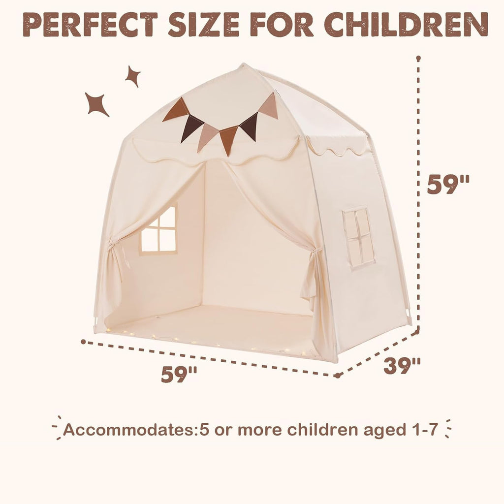 Extra Large Kids Play Tent with Flags & Star Lights, Portable & Foldable Teepee Tents, Dome Tent Playhouse for Indoor