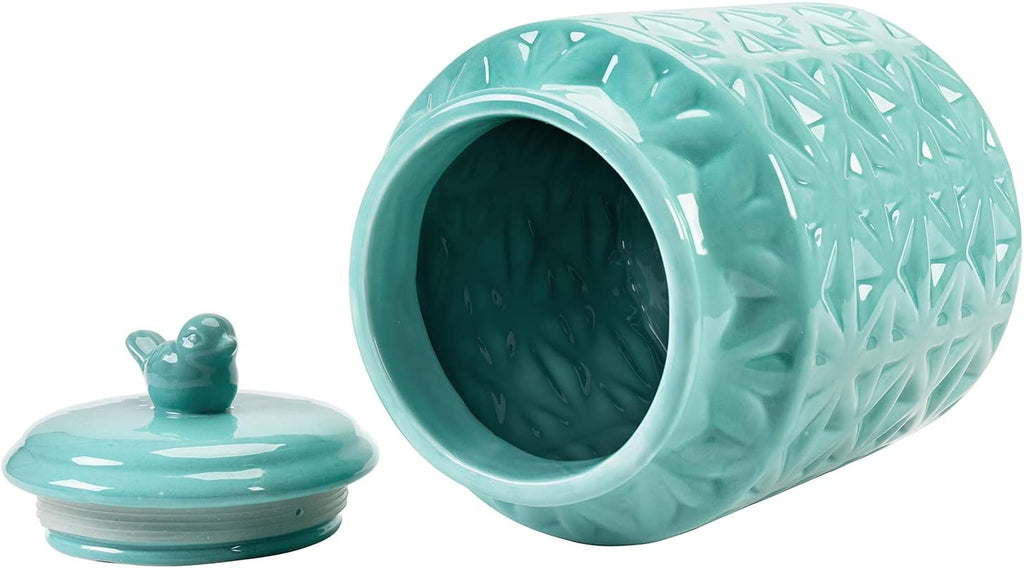 Turquoise Ceramic Cookie Jar with Lid, Embossed Star & Bird Design