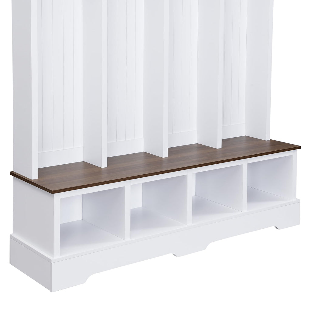 59" W Hall Tree, Farmhouse Entryway Storage and Wood Coat Rack, Entryway Furniture with 8 Hooks, Hall Tree with Bench