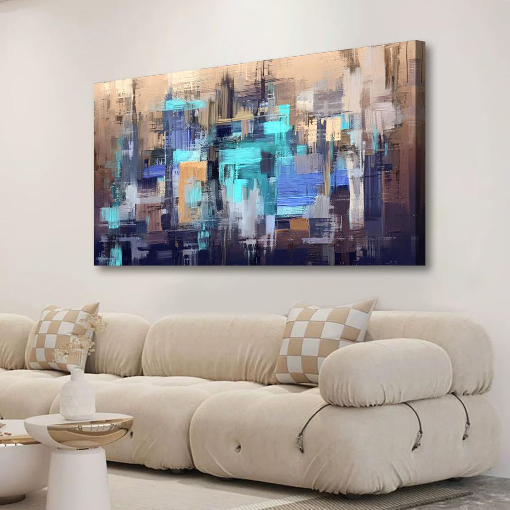 Abstract City Skyline Canvas Wall Art 40x20 Inches Framed Teal Blue Brown Cityscape Wall Decor Wood Frame Waterproof