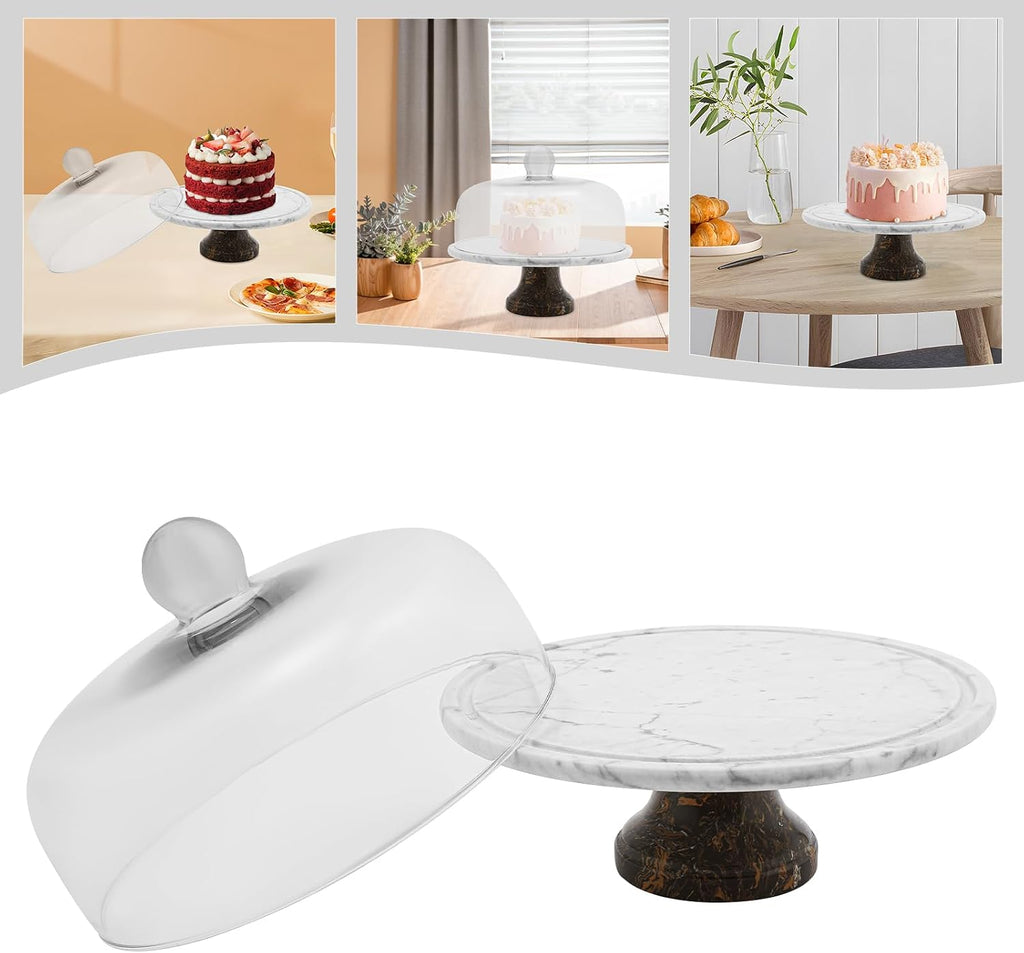 Marble Cake Stand with Dome Lid, 11.8In Diameter Groove Design 44LBS Bearing Nordic Polishing Marble Texture