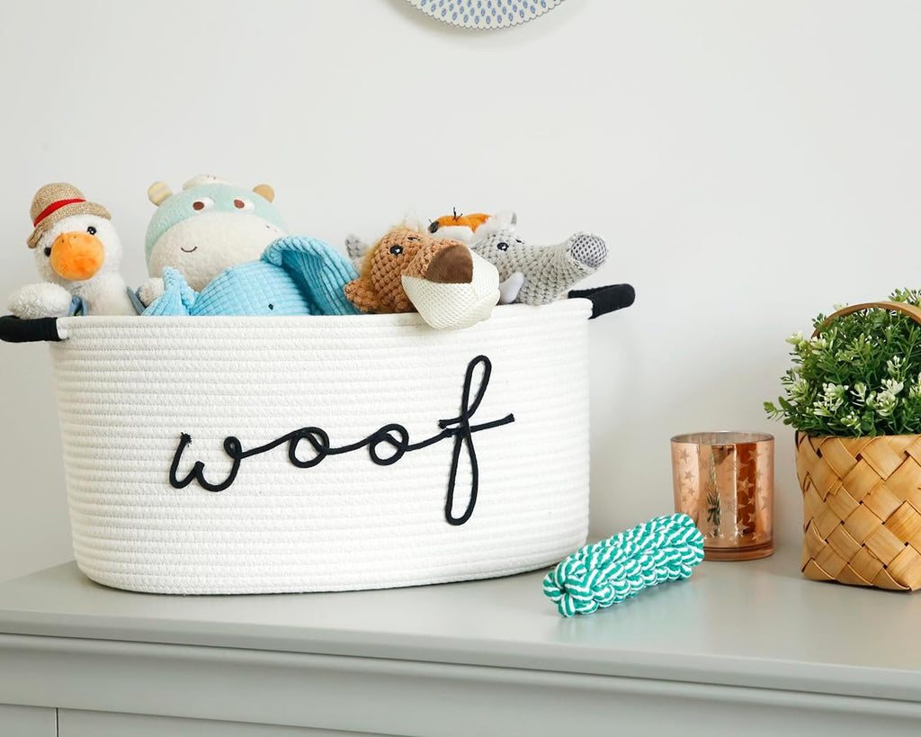 Woof Dog Toy Basket Woven Pet Baskets Storage Bin Box with Durable Handles, Pet Supplies Puppy Bins Perfect
