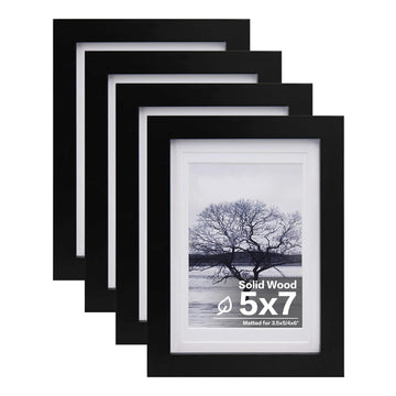 5x7 Picture Frames Set of 4, Made of Solid Wood Covered by Plexiglass 3.5x5 and 4x6 with Mat or 5x7 without Mat, for
