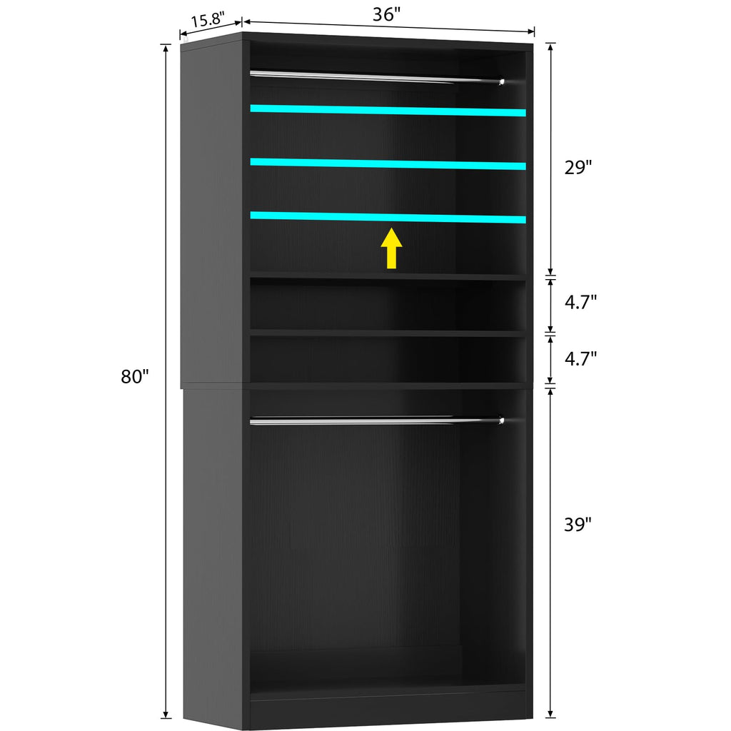 3FT Closet System with 2 Hanging Rods & Adjustable Shelves, Black