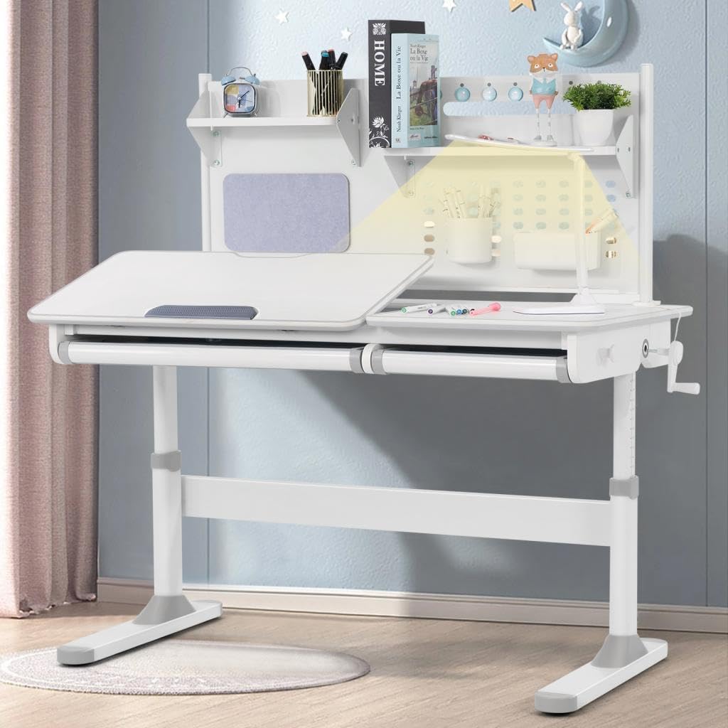 Kids Study Desk, Height Adjustable Children School Desk w/Hutch, LED Lamp