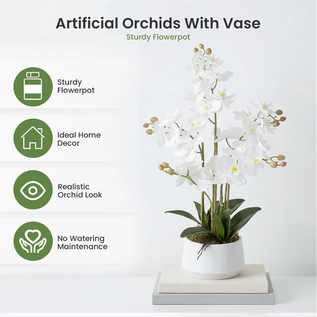 Artificial Orchid Flower Potted,1.5FT White Real Touch Orchid Artificial Flowers with 3 Stems Artificial Phalaenopsis