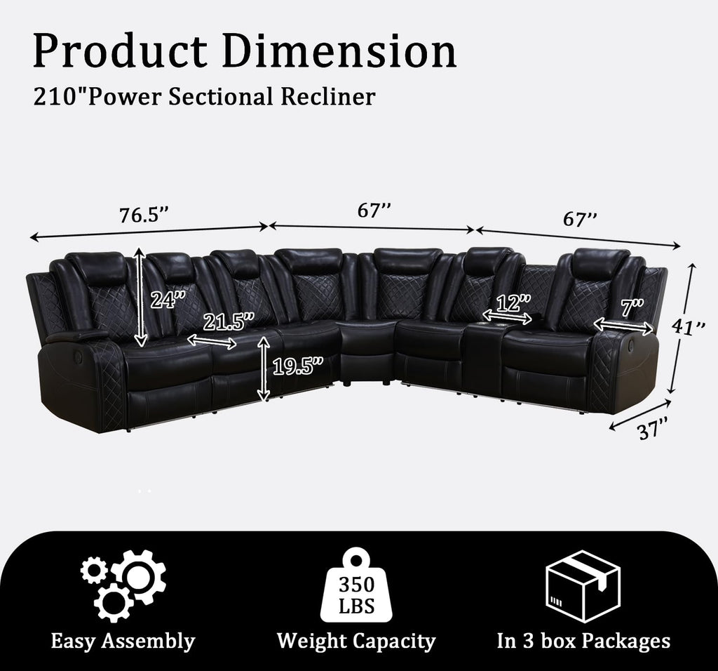 Power Leather Recliner Sectional Sofa with LED Lights, L Shaped Reclining Sectional Sofa, Modular Leather Couch with