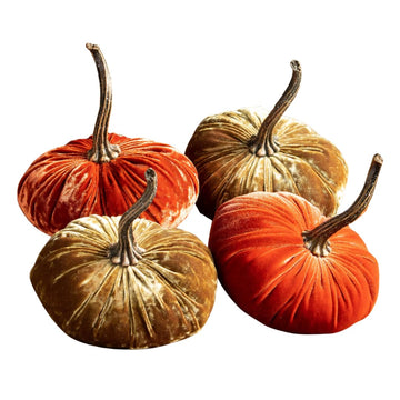 Set of 4 Small Velvet Pumpkins, elegant luxe gift set for new apartment, Thanksgiving centerpiece, bowl filler for