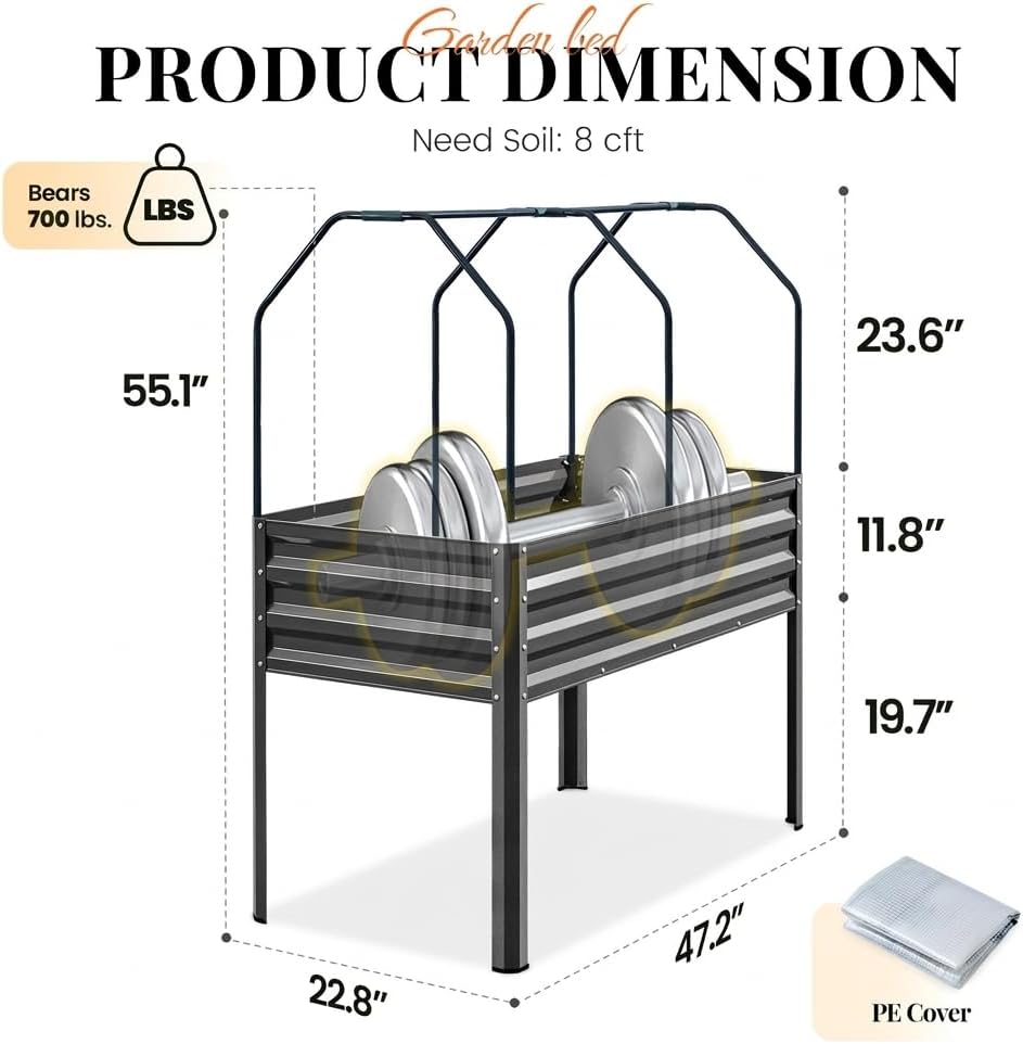 Large Raised Garden Bed with Large & Cover 48×24×56 in | Galvanized Elevated Planter Box with Legs for Backyard