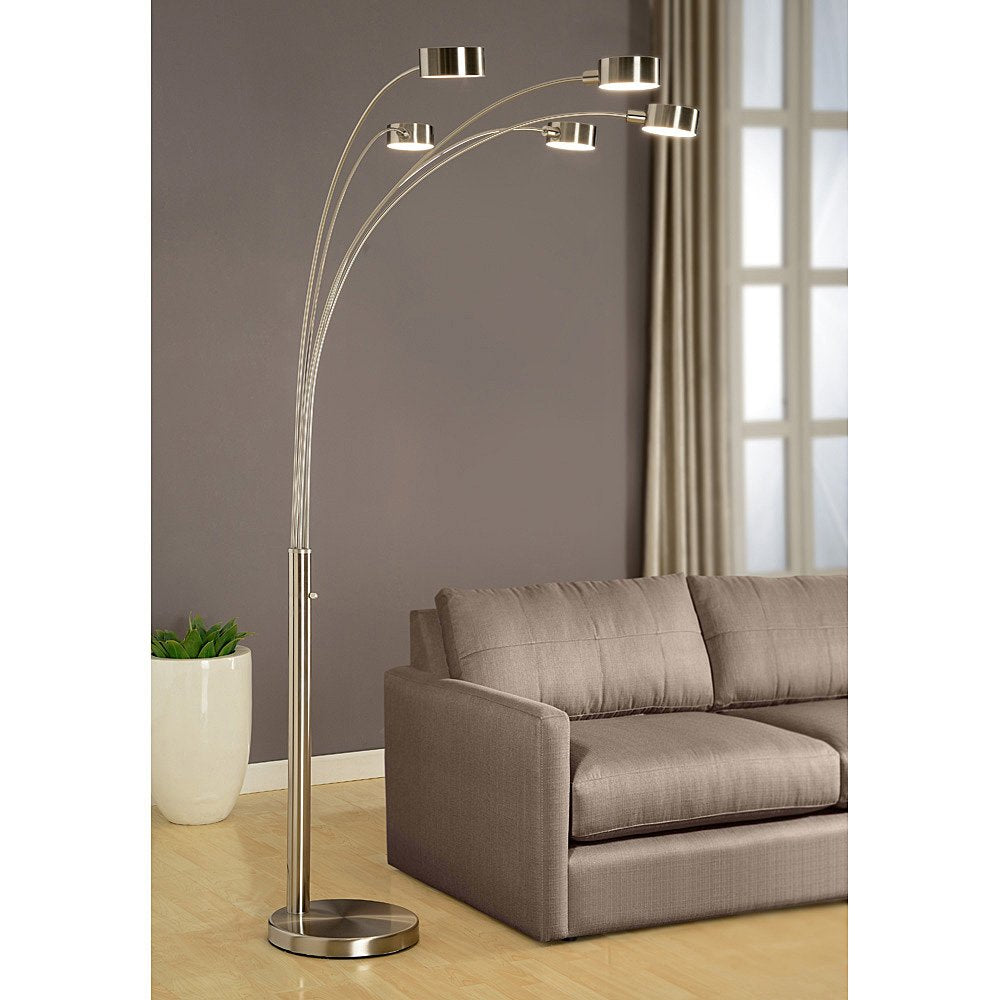 Inspired Arco Style Micah - 5 Arc Floor Lamp w/Dimmer Switch, 360 Degree Rotatable Shades - Bright & Attractive, Brushed Steel