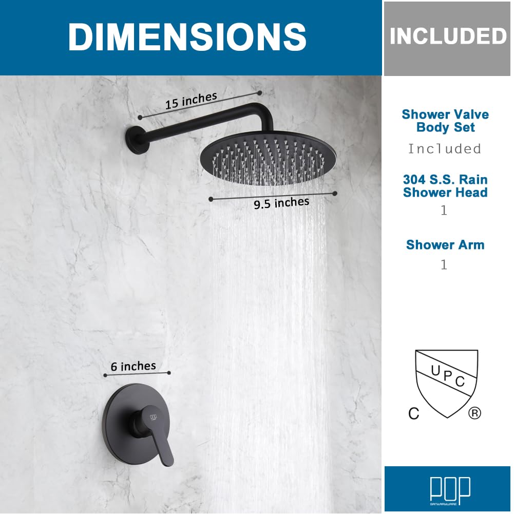 Matte Black Shower Faucet Set 10 Inch Round Rain Shower Head and Handle Set Bathroom Rainfall Shower System Wall