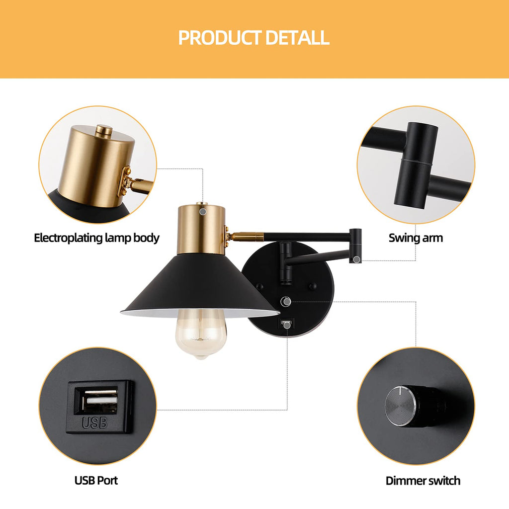 Swing Arm Wall Lamp Plug in Wall Sconces Adjustable Vintage Industrial Reading Light Bedside Wall Mount Light