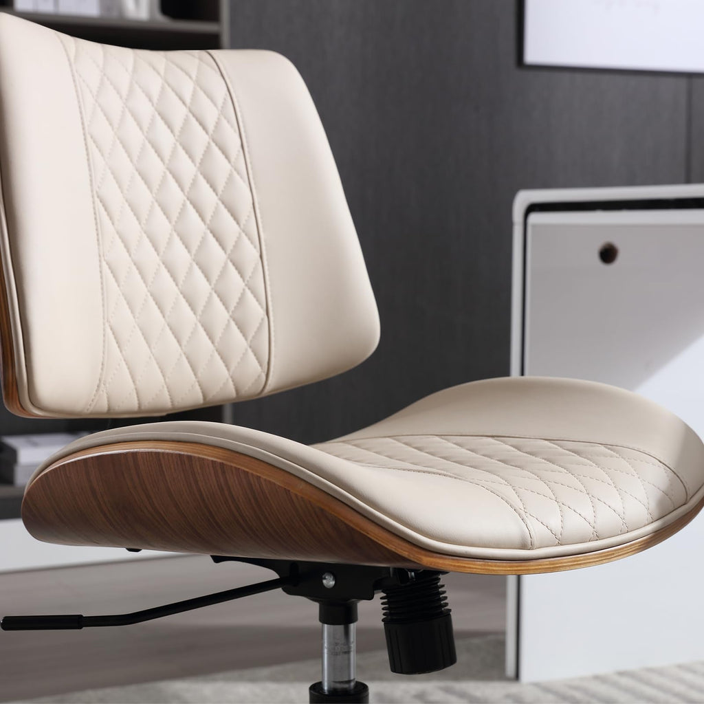 Office Chair No Arms with Wheels, Mid Back Walnut Style, Beige