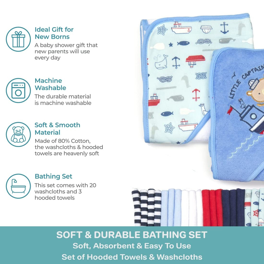 23-Piece Soft Terry Hooded Bath Towel and Washcloth Set, 3 Baby Towels and 20 Baby Washcloths for Newborn Boys and