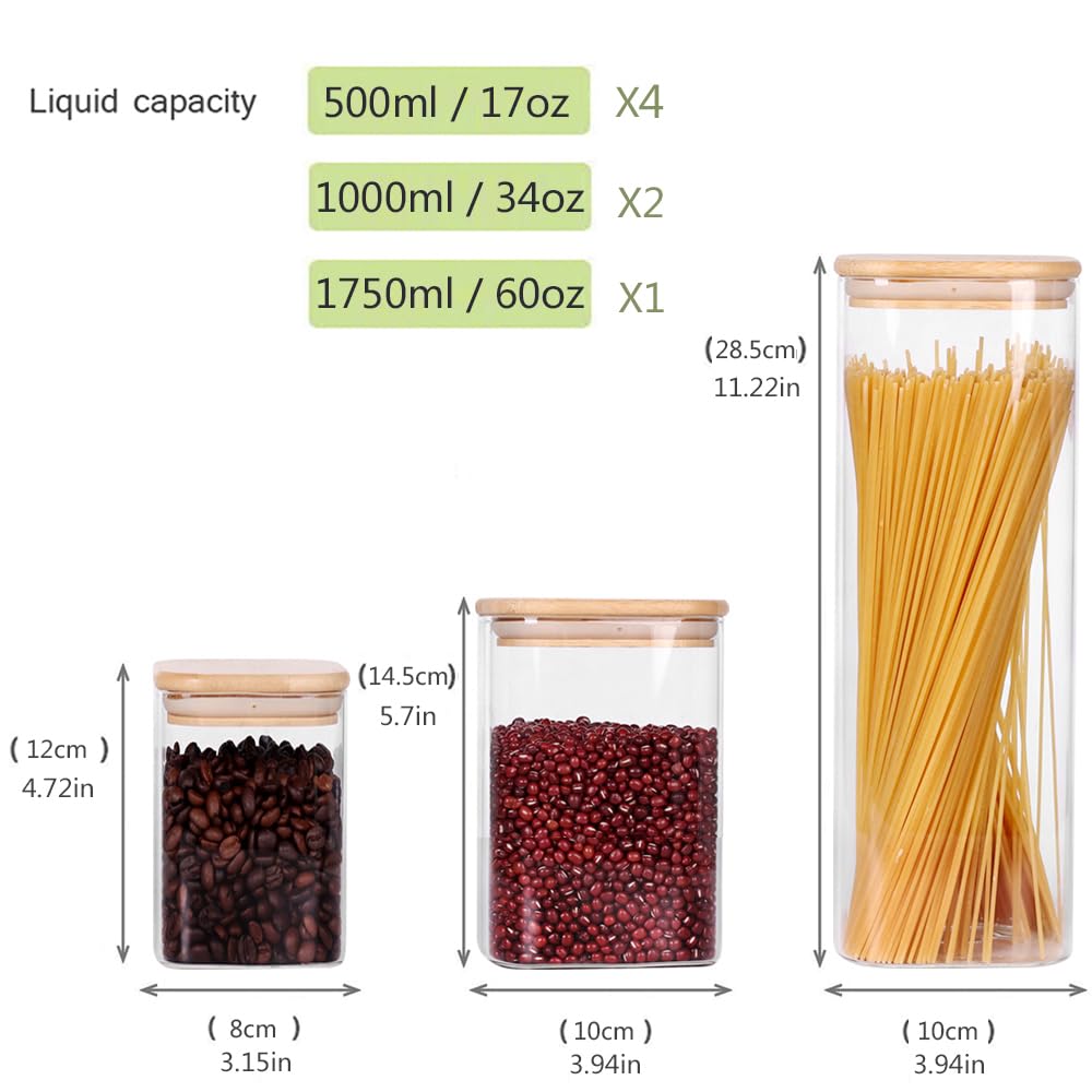 Glass Storage Canister with Wooden Lid, Set of 7 Square Glass Jars with Bamboo Lids, Glass Food Storage Containers