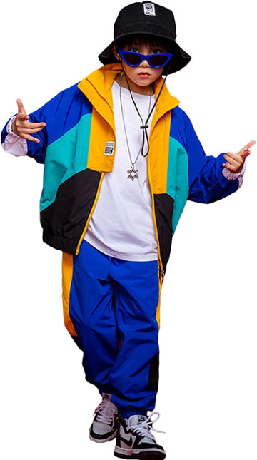 Boys Girls Color Block Jacket Track Pants Set Hip Hop Dance Clothes