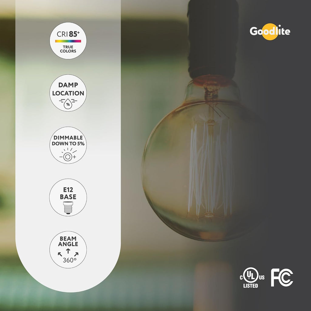 4.5 Filament Vintage LED G16.5 Globe Bulb, E12 Base, Dimmable 600 Lumens 3000k Warm White, Equivalent to 60w