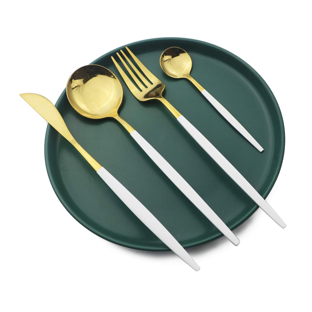 White Handle Gold Silverware Set, 24-Piece Stainless Steel Shiny Cutlery Eating Utensils Flatware Set for 6