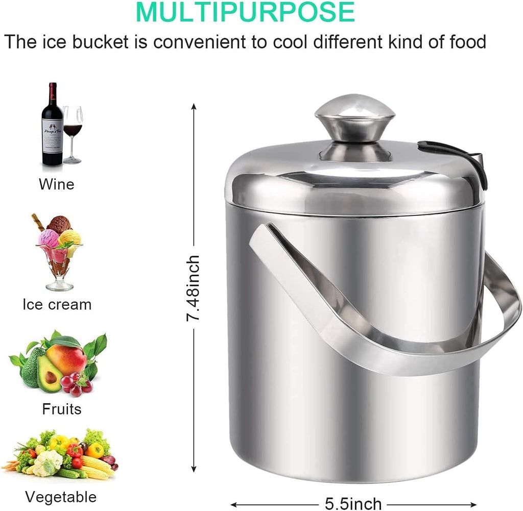 Mini Ice Bucket 1.2 Liter, Premium Compact Double-Wall Stainless Steel with Lid & Ice Tong